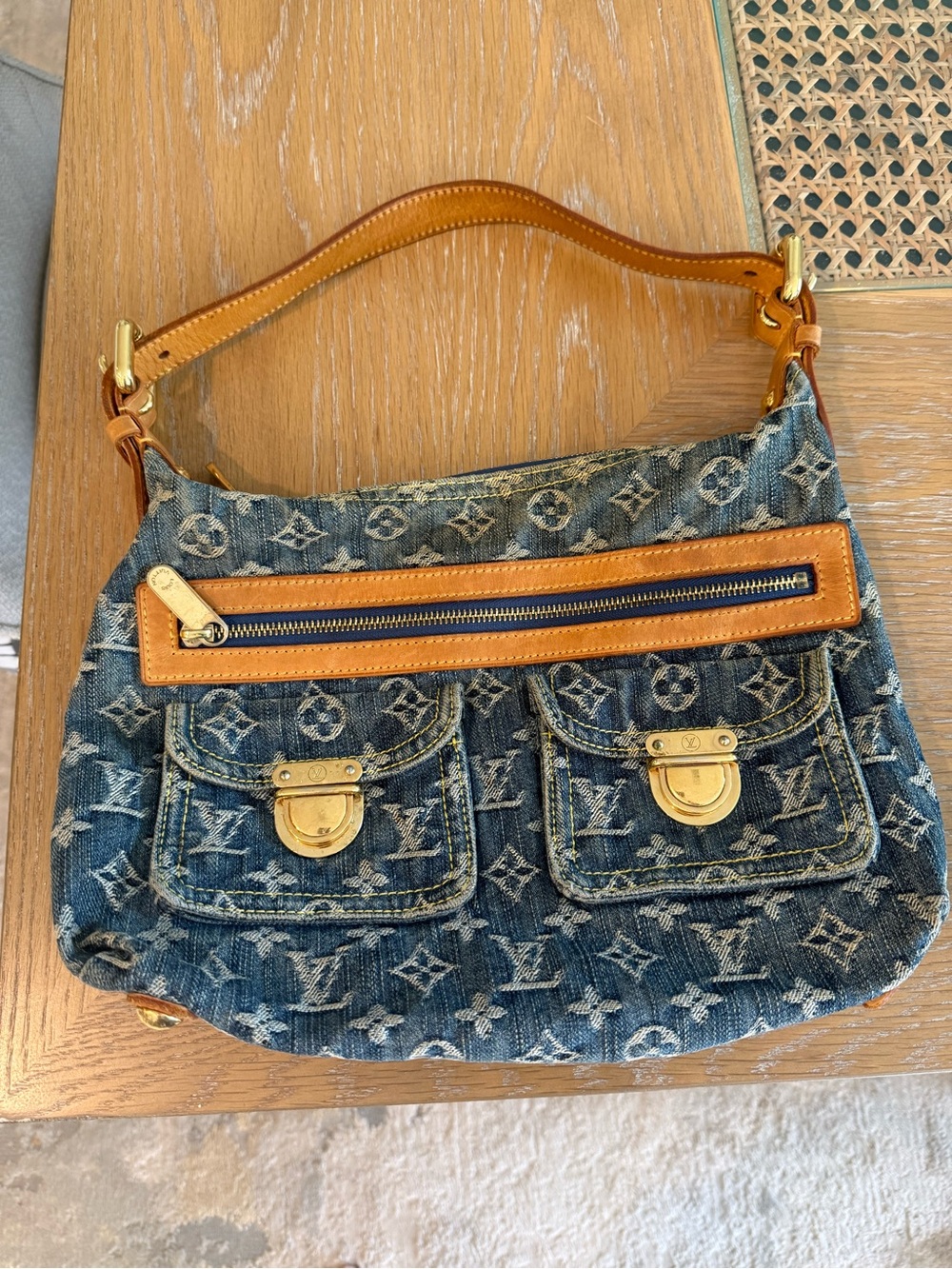 Louis Vuitton Denim Monogram Baggy PM Shoulder Bag in Blue with Tan Trim